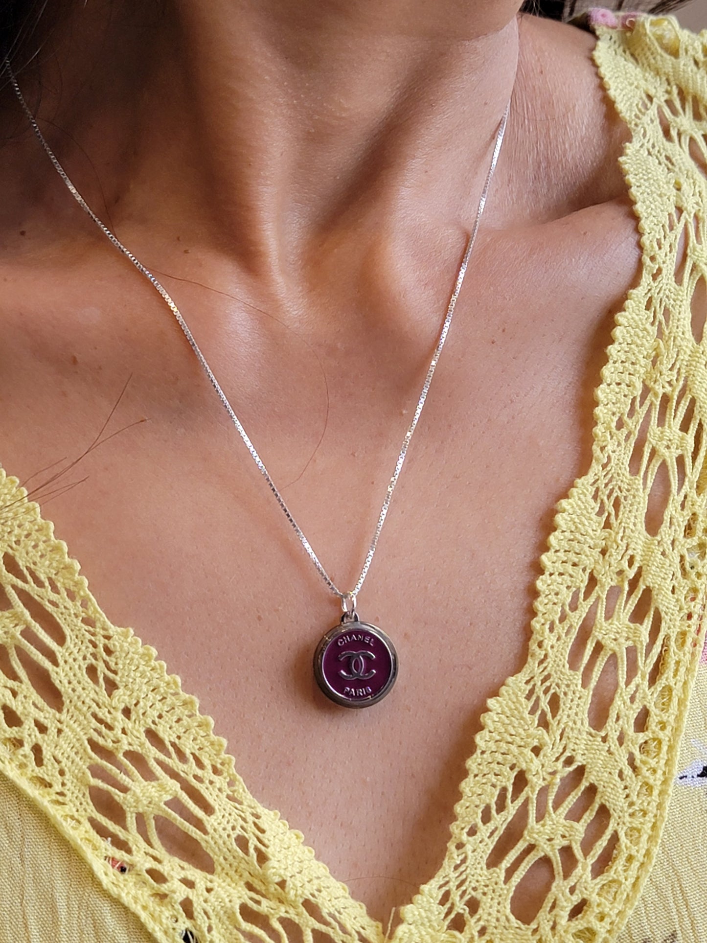 PURPLE AND SILVER CHANEL PARIS VINTAGE BUTTON NECKLACE
