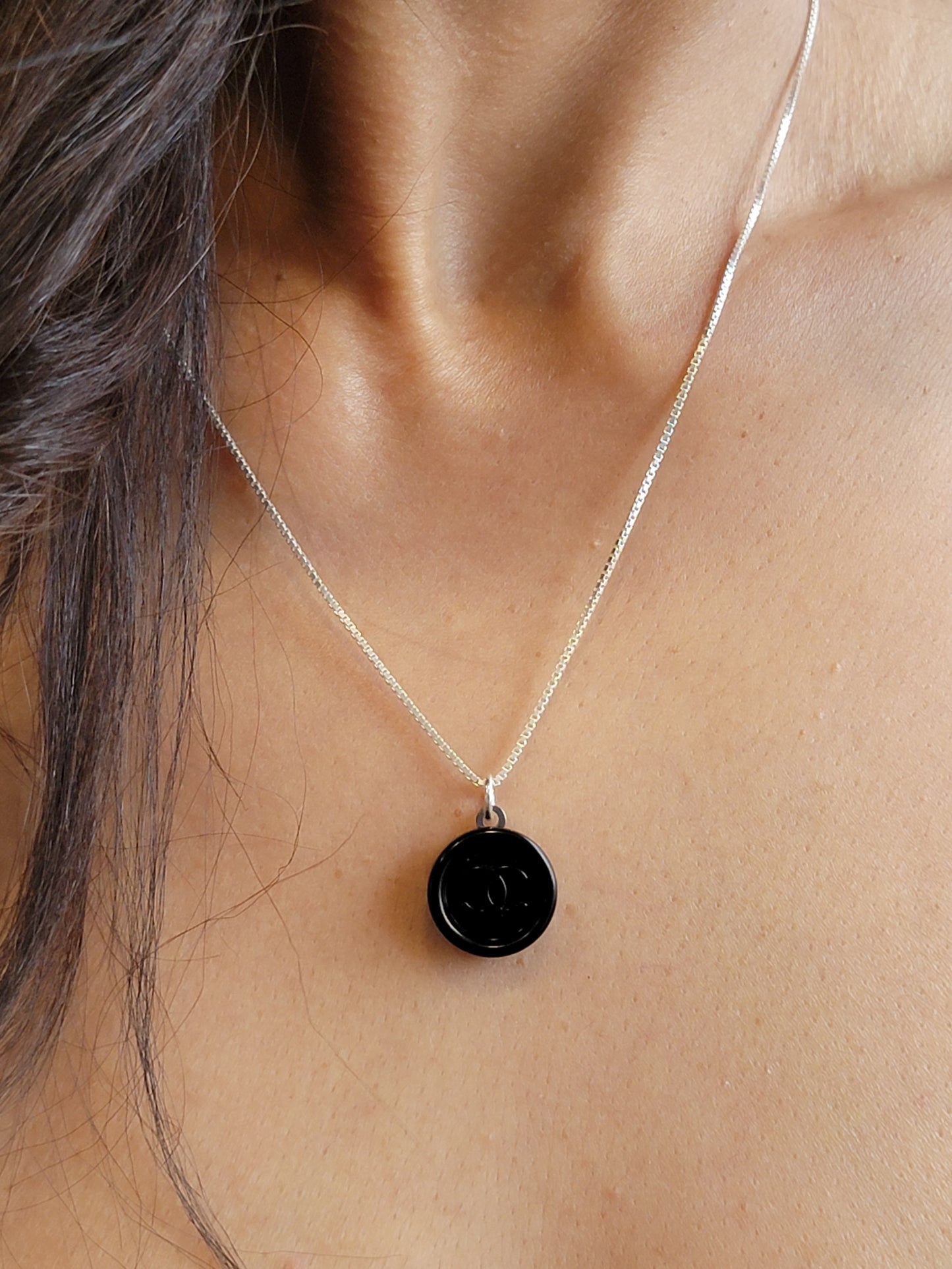 BLACK ON BLACK WITH SILVER CHANEL VINTAGE BUTTON NECKLACE
