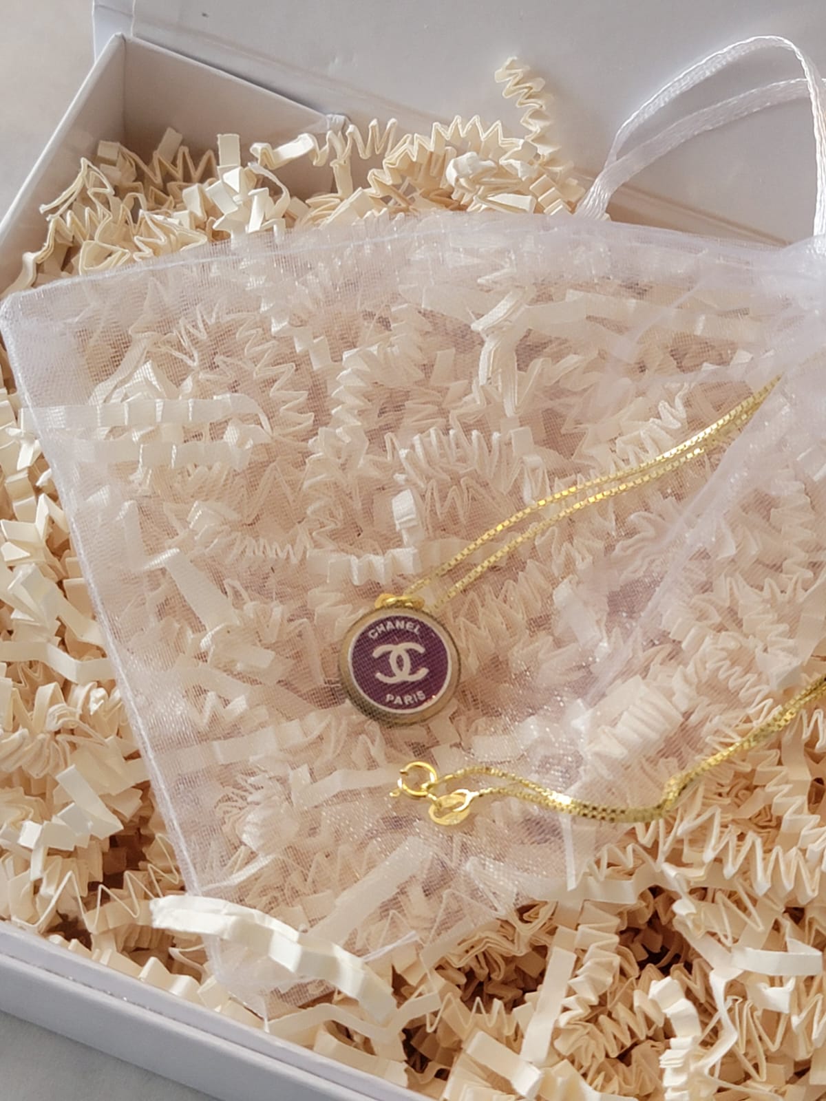 PURPLE AND GOLD CHANEL PARIS VITAGE BUTTON NECKLACE