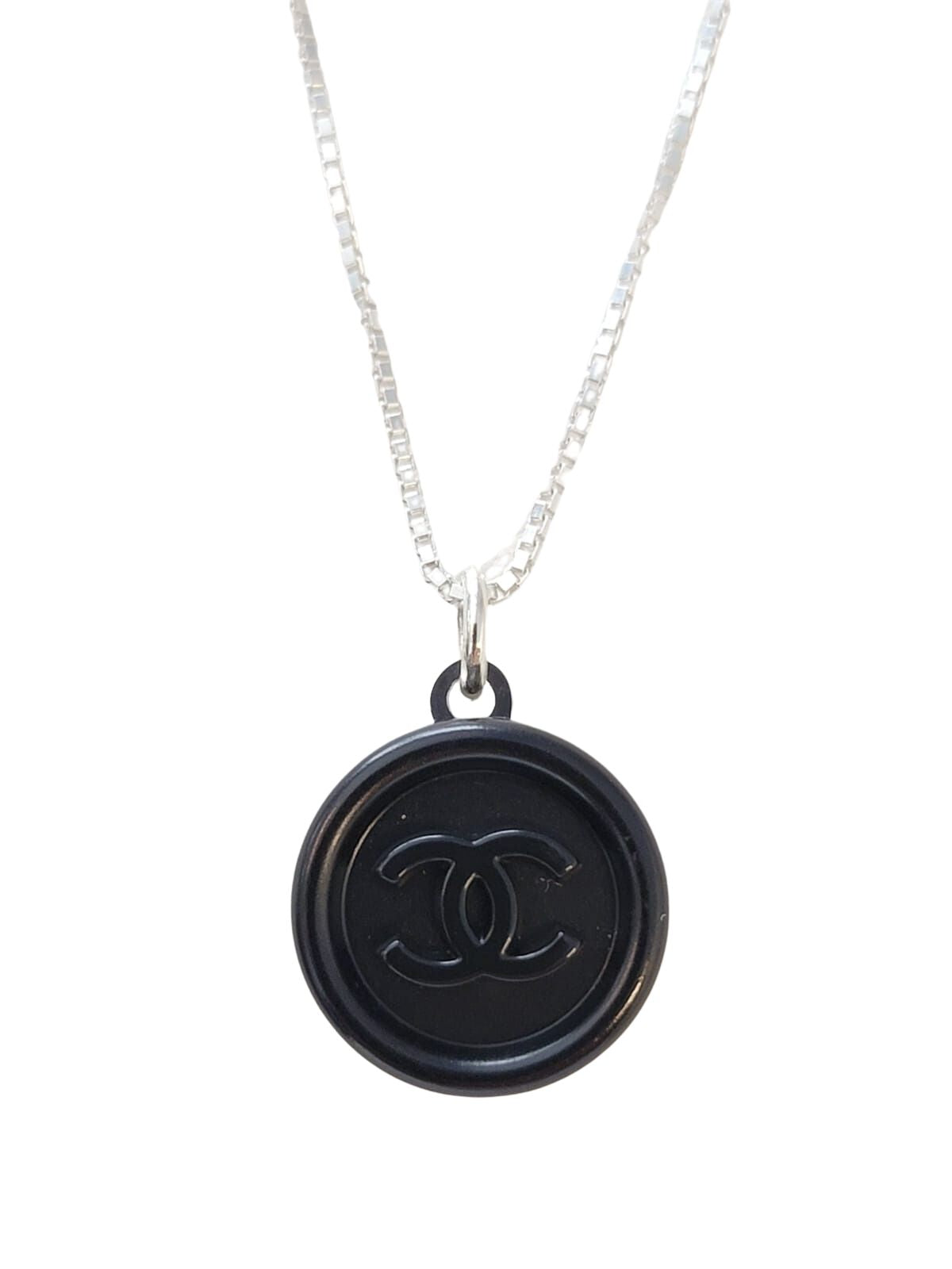 BLACK ON BLACK WITH SILVER CHANEL VINTAGE BUTTON NECKLACE