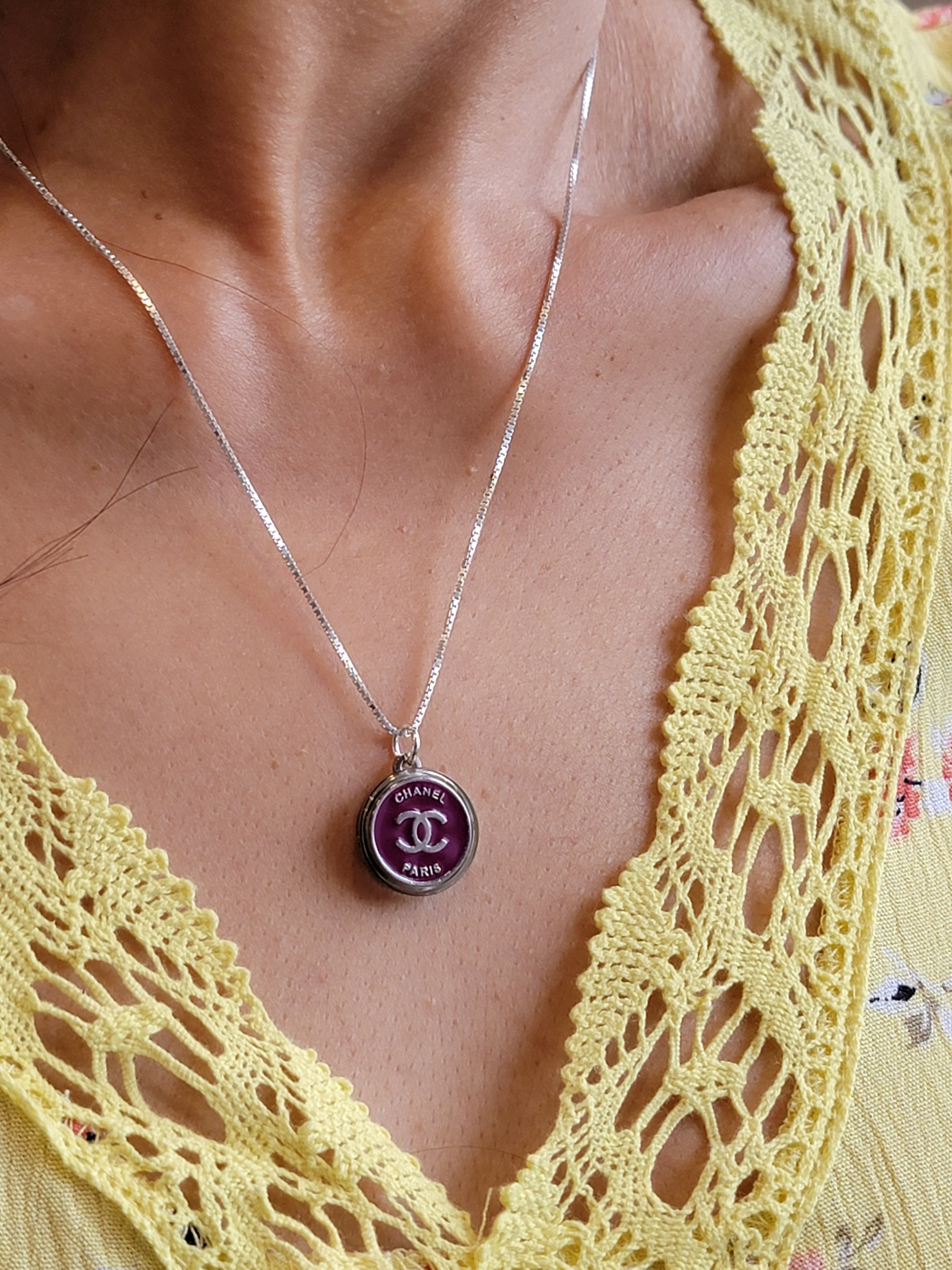 PURPLE AND SILVER CHANEL PARIS VINTAGE BUTTON NECKLACE